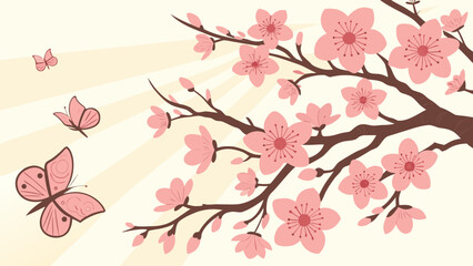 Fototapeta premium Pink cherry blossom tree, blooming flowers, butterflies, spring vector illustration