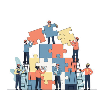 Teamwork building puzzle house, collaboration, construction, strategy, success, business concept