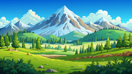 Obraz premium Mountain landscape, scenic view, green valley, snow-capped peaks