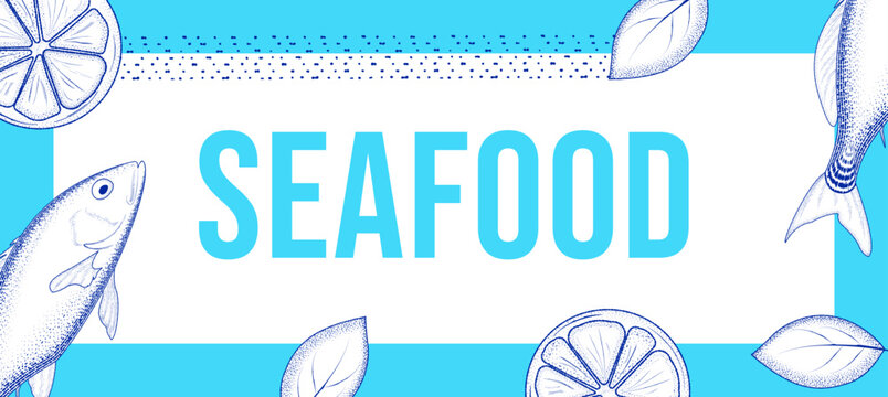 Illustration of a fish with citrus elements. Engraving. Banner template for a website, menu, brochure, flyer, or advertisement. Hand-drawn sketch.