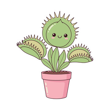 A cute cartoon Venus flytrap plant with a smiling face in a pink pot, isolated on a white background, looking happy and friendly.