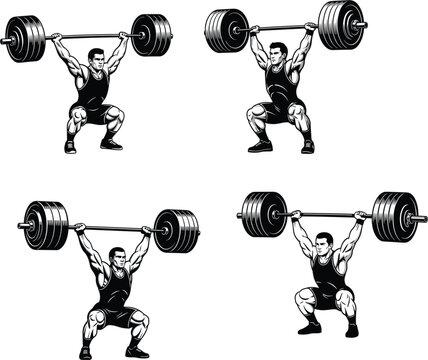 Strong bodybuilder man weightlifting heavy barbell set in gym snatch powerlift exercise fitness workout sports vector illustration isolated