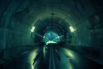 Fototapeta premium Long exposure of an empty wet asphalt road running through an illuminated tunnel at night