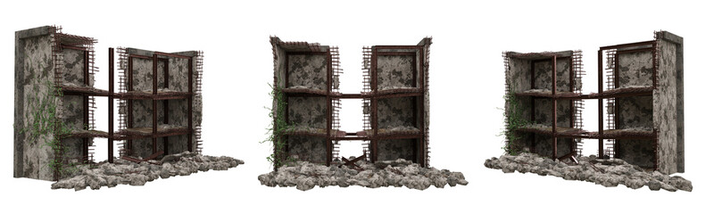 Ruined building destroyed by war or earthquake. Set of 3 isolated 3D rendered illustrations.