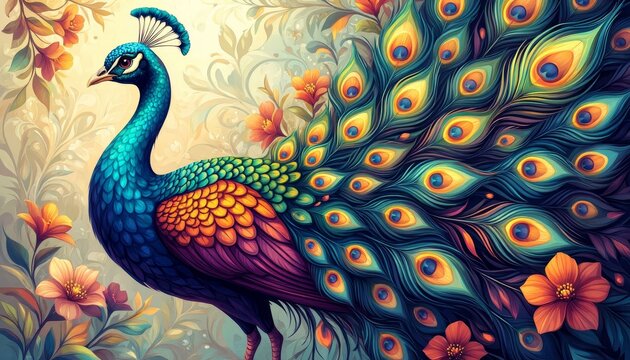 A colorful peacock displays its vibrant feathers against a floral backdrop. The peacock's striking plumage contrasts beautifully with the vivid flowers surrounding it.