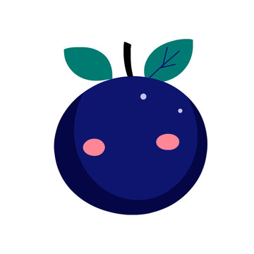 Cute Blueberry Cartoon Illustration, Sleeping Face, Happy, Vector, Icon, Clip Art, Smiling Fruit, Berry with Leaves, Decorative Design Element, for Kids, Children, Isolated, on White Background