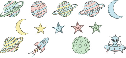 Colorful space objects with planets and stars and alien © Udara