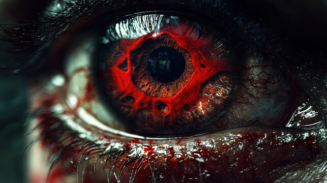 Extreme close-up of a bloodshot eye with vibrant red vessels reveals intense pain, horror, or otherworldly transformation, creating a disturbing and captivating image.