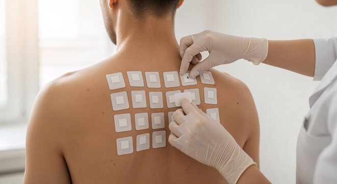 Allergy test on a patient showing focused attention in a clinical setting