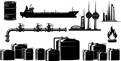 Obraz premium Monochromatic vector icon set depicting oil and gas industry elements including barrels, tankers, pipelines, storage tanks, and a flame, with a Kuwait landmark and text