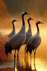Naklejka premium Cranes standing gracefully at sunrise by the tranquil water