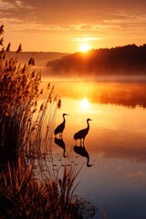 Naklejka premium Silhouetted cranes at dawn by the tranquil lake