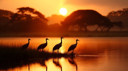 Naklejka premium Cranes stand gracefully at sunset by the tranquil lake
