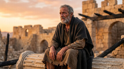 Fototapeta premium Prophet Jeremiah on the ruins of Jerusalem, grief and tears, dramatic biblical scene