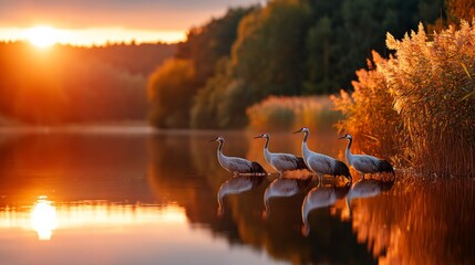 Naklejka premium Majestic cranes basking in the golden sunset glow