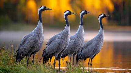 Naklejka premium Cranes gather by the shimmering lake at dawn