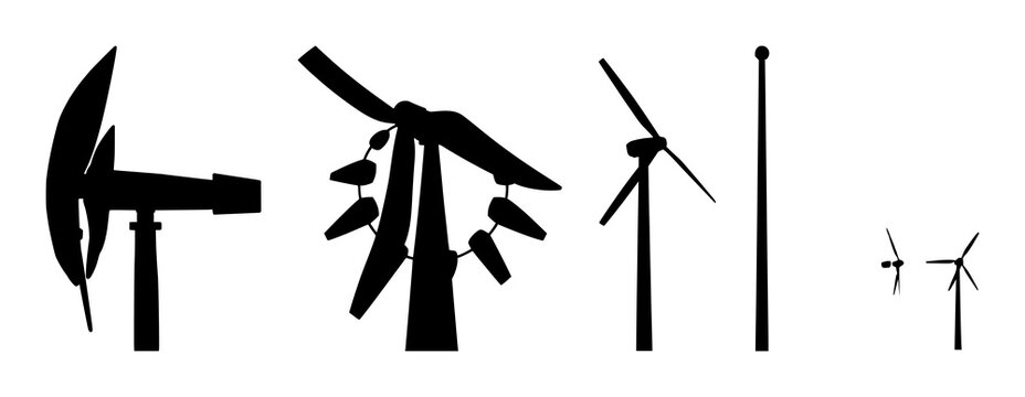 Solid black silhouette of a modern vertical-axis wind turbine (VAWT), urban energy harvesting, geometric solid shape, white background. set with simple line art design featuring outline, illustrati...