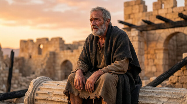 Prophet Jeremiah on the ruins of Jerusalem, grief and tears, dramatic biblical scene