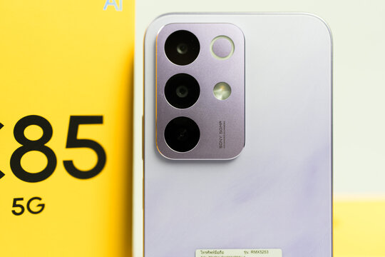 Bangkok, Thailand - March 27, 2026 : Realme phone Parrot Purple Colors. Rear Camera Sony IMX852 50MP