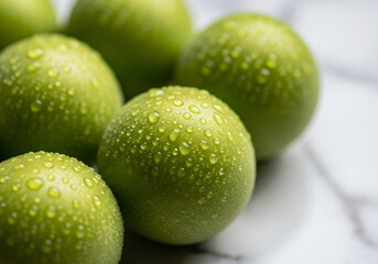 Obraz premium Fresh vibrant green fruit with water droplets showcasing healthy, organic produce perfect for nutritious snacks, summer desserts, and vibrant culinary presentations