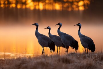 Obraz premium Cranes basking in the golden glow of dawn