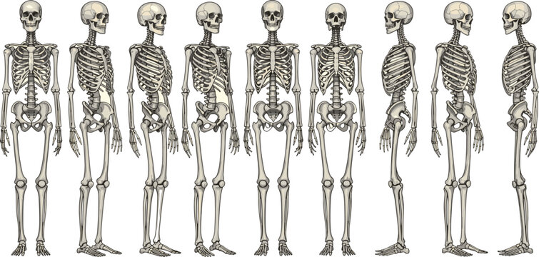 Human skeleton anatomy vector illustration showing full body rotation with front side back and three quarter views for medical education.