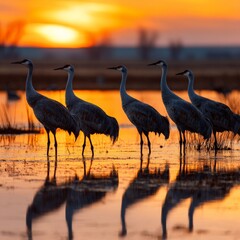 Naklejka premium Cranes dance at sunset in serene wetland beauty