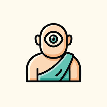 A cartoon illustration of a cyclops character, presented with a modern and minimalist design. It features bold outlines and flat colors