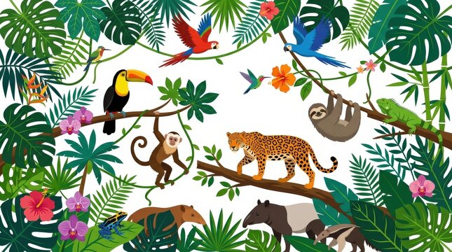 Tropical jungle animals and plants.