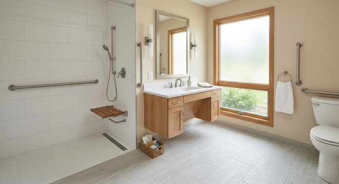 Bathroom accessibility features modern senior friendly design with grab bars and walk-in shower