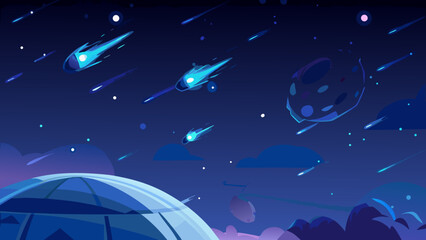 Night sky with shooting stars and a glowing dome tent © MINA