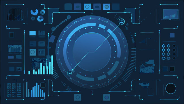 Futuristic interface displaying complex data visualizations and technical schematics