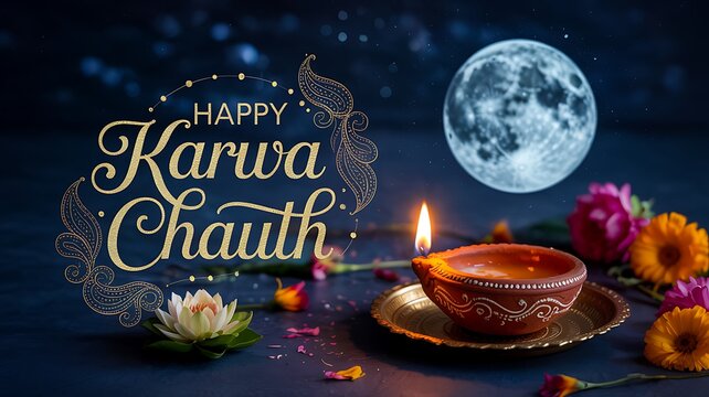 Happy karwa chauth festival scene with diya candle moon and decorative flowers night background 