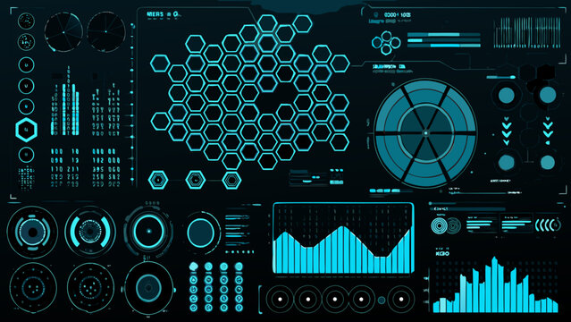 Futuristic user interface with hexagonal grids and complex data visualizations