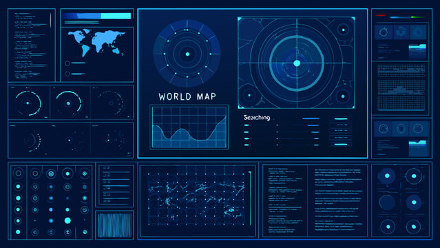 Futuristic blue interface displaying a world map and technical data