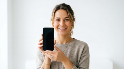 Naklejka premium Woman showing smartphone with blank screen portrait