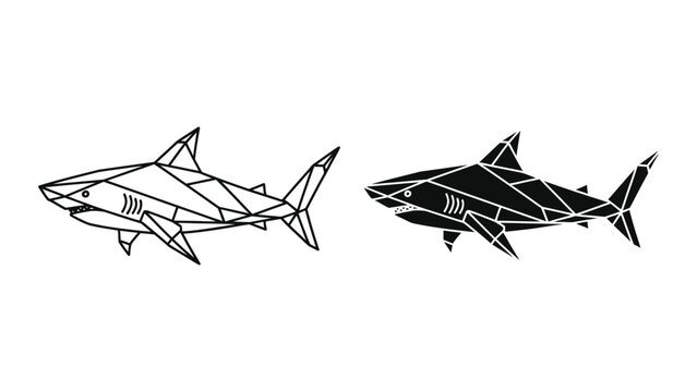 Geometric design of sharks in contrasting styles of line art and solid black shading
