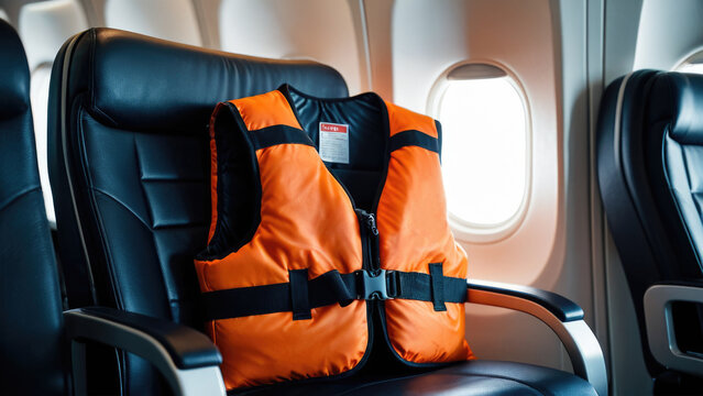 Orange life jacket on airplane seat, ready for use in emergency situations