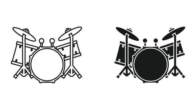 Black and white illustration of a traditional and modern drum set side by side