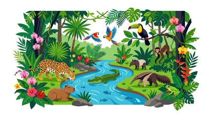 Obraz premium Tropical jungle with exotic animals.
