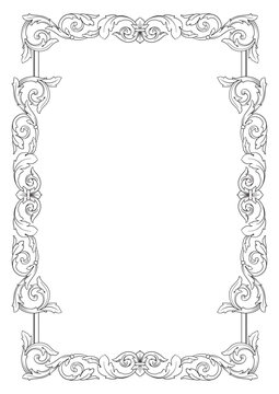 Ornate baroque border frame in black and white, vintage filigree floral ornament, classical victorian decorative swirl element, monochrome antique decorative frame for wedding invitation