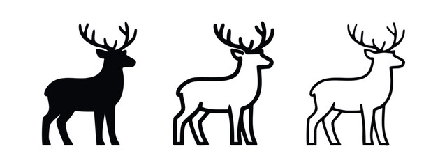 Fototapeta premium Profile of standing deer with antlers icon set. Stag, buck, or reindeer symbols. Forest animal pictogram.