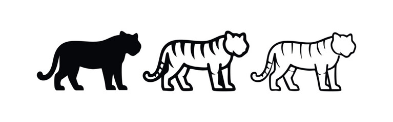Fototapeta premium Walking tiger icon set. Striped big cat silhouette and outline symbols. Wild animal pictogram.