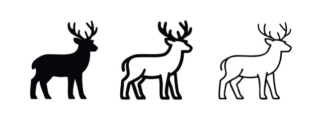 Obraz premium Standing deer with antlers icon set. Stag, buck, or reindeer animal symbols in various styles. Wildlife pictogram.