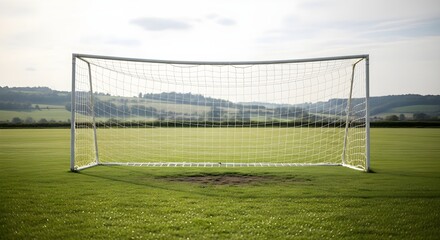 Fototapeta premium Empty soccer goal on a grassy field under a cloudy sky ready for competition