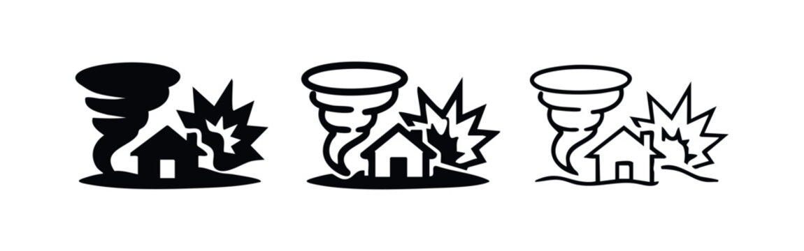Tornado disaster icon set. House damaged by whirlwind, natural disaster, or extreme weather symbol.