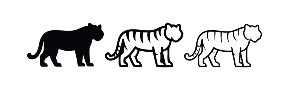 Walking tiger icon set. Striped big cat silhouette and outline symbols. Wild animal pictogram.