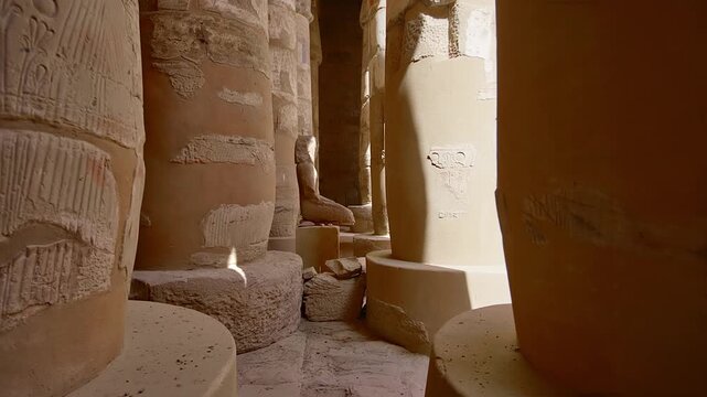 Karnak Temple in Luxor, Egypt. Massive hieroglyphic columns in Great Hypostyle Hall, Karnak Temple Luxor Egypt. Upward view of ancient carved pillars against blue sky.