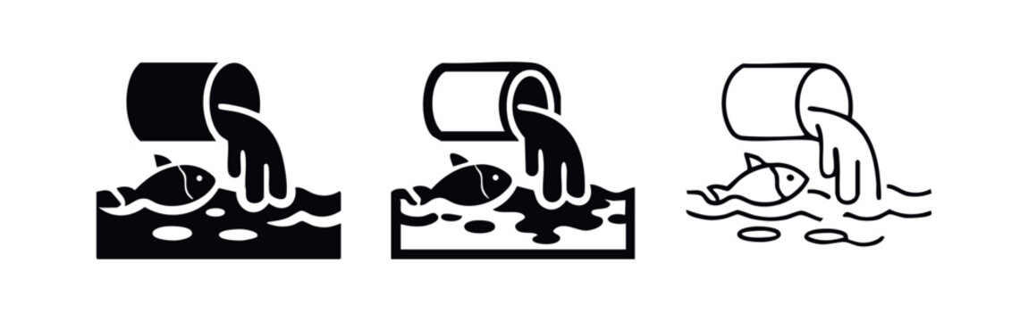 Water pollution icon set with pipe discharging waste into water, harming aquatic life