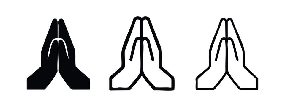 Praying hands icon set in solid, thick outline, and thin outline styles. Gesture of prayer, gratitude, and worship.